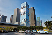 View of the road traffic and high-rise modern buildings in Futian Central Business District (CBD). Shenzhen, Guangdong Province, China.