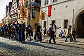 Historische Mittelalter-Nachstellung, Jubiläumsfest der Reichsstadt, Musiker, Marktplatz, Rothenburg ob der Tauber, Franken, Bayern, Deutschland