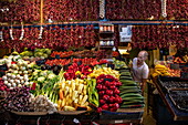  Vegetable stand in the Central Market Hall, Pest, Budapest, Hungary, Europe 