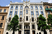 Art Nouveau building's facade in Alberta street,work of the architect Mikhail Eisenstein,Riga,Latvia,Baltic region,Northern Europe