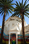  Street photography in Rabat, Morocco, showing a white house next to some palm trees painted with colorful graffiti. 