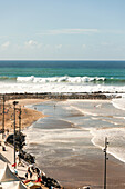  Surfer beach of Rabat at high tide at midday with high waves in Rabat, Morocco. 