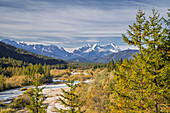 Die Isar im Herbst zwischen Wallgau und Vorderriß mit Blick auf das Wettersteingebirge, Oberbayern, Bayern, Deutschland, Europa