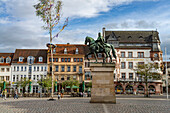   Equestrian statue of Prince Regent Luitpold and maypole on the town hall square in Landau in der Pfalz, Rhineland-Palatinate, Germany  