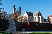 Kloster Unser Lieben Frauen im Herbst, rote Weinblätter, Magdeburg, Sachsen-Anhalt, Deutschland