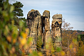 Fünffingerfelsen, Sandsteinformation in den Klusbergen, davor Herbstlaub, Halberstadt, Sachsen-Anhalt, Deutschland