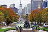 equestrian statue of George Washington on Benjamin Franklin Parkway with the City Hall in the background, Philadelphia, Commonwealth  of Pennsylvania,Northeastern  United States,