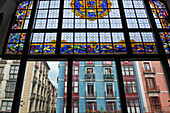 stained glass window of market hall of La Ribera, Erribera street, Casco Viejo, Bilbao, province of Biscay, Basque Country, Spain,Europe