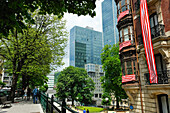 Mazarredo Zumarkalea street with, in the background, the Isozaki Atea twin towers designed by Japanese architect Arata Isozaki, Bilbao, province of Biscay, Basque Country, Spain,Europe