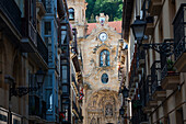 Calle Mayor Street with Santa Maria  del Coro Church in the background, Old Town, San Sebastian, Bay of Biscay, province of Gipuzkoa, Basque Country, Spain,Europe