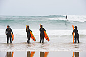 surf class on Zurriola beach, district of Gros, San Sebastian, Bay of Biscay, province of Gipuzkoa, Basque Country, Spain,Europe