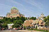 Petit Champlain district with Chateau Frontenac background,Quebec city,Province of Quebec,Canada,North America