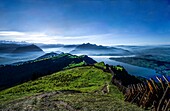  View from the Hotel Rigi Kulm over the Rigi, the sea of fog over Lake Lucerne and the mountains of Central Switzerland, cantons of Schwyz and Lucerne, Switzerland 