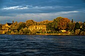  View over the Rhine to Suitbertus Basilica, Imperial Palace and Restaurant Burghof, Düsseldorf-Kaiserswerth, NRW; Germany 