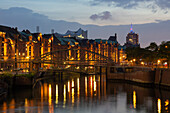  View over the Zollkanal in the evening, Speicherstadt, Hanseatic City of Hamburg, Germany 