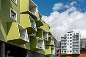  Modern Danish architecture in Orestad, sloping balconies, senior housing, Plejecenter, Amager Vest, Copenhagen 