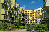  Modern Danish architecture in Orestad, sloping balconies, senior housing, Plejecenter, Amager Vest, Copenhagen 