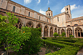 Lush greenery in the inner courtyard at the Royal Abbey of Santa Maria de Santes Creus. Santes Creus, Catalonia, Spain.