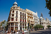 Ornate buildings at the Town Hall Square in Valencia, Spain.