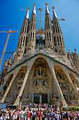 A crowd of tourists in front of the Sagrada Familia church (Expiatory Church of the Holy Family). Barcelona, Catalonia, Spain.