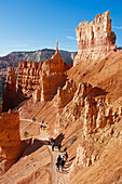 Tourists walk on a trail among colorful red rocks and hoodoos in Bryce Canyon. Utah, USA.