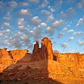 View of red rocks and hoodoos in Arches National Park at sunrise. Utah, USA.