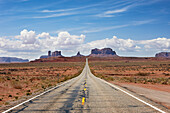 Iconic view down the road of the Monument Valley in Arizona, USA.