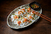 Authentic Hoi An white rose dumplings with shrimps and pork served in a local restaurant. Hoi An, Quang Nam Province, Vietnam.