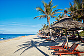 Loungers and thatched parasols under palm trees on the Cua Dai Beach. Hoi An, Quang Nam Province, Vietnam.