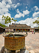 Large bronze cauldron at the Can Chanh Palace (Palace of Audiences). Imperial City, Hue, Vietnam.