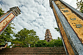 The pillars at the front entrance to the Thien Mu Pagoda. Hue, Vietnam.