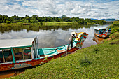 Moored dragon boats on the Perfume River. Hue, Vietnam.