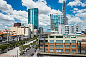 Elevated view of buildings along Nguyen Hue Street. District 1, Ho Chi Minh City, Vietnam.