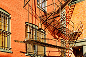  Fire escapes with weights on the facade of the Central Market in Historic Downtown in Lancaster in Pennsylvania Dutch Country, Pennsylvania, USA 