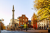  Penn Square with Soldiers and Sailors Monument, Lancaster City Welcome Center and Central Market in Historic Downtown in Lancaster in Pennsylvania Dutch Country, Pennsylvania, USA 