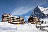  View from Kleine Scheidegg station to the Eiger north face, Alps, Wengen, Grindelwald, Canton of Bern, Bern, Valais, Switzerland, Europe 