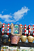  Cowbells lined up during the cattle drive, Truden, South Tyrol, Alto Adige, Italy 