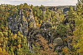 Aussicht vom Basteifelsen an einem Herbstmorgen, Sächsische Schweiz, Sachsen, Deutschland