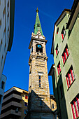 Beautiful City with Clock Tower and with Building and Blue Sky in a Sunny Summer Day in St Moritz, Grisons, Switzerland.