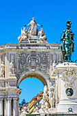  Detailed views of the Praça do Comércio (Terreiro do Paço) and the triumphal arch of Rua Augusta in Lisbon, Portugal 