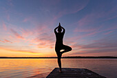  Woman doing yoga exercises on a jetty by the lake, yoga tree figure, Schleswig-Holstein, Germany 