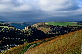  View from the vineyards near Kaub to the Schönburg and the Rhine heights, Oberwesel, Upper Middle Rhine Valley, Rhineland-Palatinate, Germany 