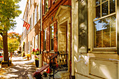  Houses on 2nd Street (Second Street) in the Society Hill neighborhood in the Historic Waterfront District in Philadelphia, Pennsylvania, USA 