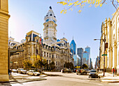  City Hall with skyscrapers One Liberty Place and Comcast Center in the background in Center City Philadelphia in the Convention Center District in Philadelphia, Pennsylvania, USA 