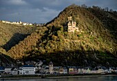 Altstadt von St. Goarshausen und Burg Katz im Abendlicht, Oberes Mittelrheintal, Rheinland-Pfalz, Deutschland