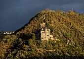 Burg Katz im Abendlicht, St. Goarshausen, Oberes Mittelrheintal, Rheinland-Pfalz, Deutschland