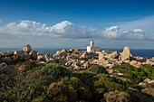  Bizarre and huge granite rocks by the sea, lighthouse, Capo Testa, near Santa Teresa di Gallura, Sardinia, Italy 