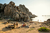  Bizarre and huge granite rocks by the sea, sunset, Spiaggia Valle della Luna, Capo Testa, near Santa Teresa di Gallura, Sardinia, Italy 