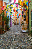 Geschmückte Gasse und bunte Häuser, Fest der Madonna von Regnos Altos, Bosa, Bezirk Oristano, Sardinien, Italien