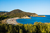 Sandstrand und blaues Meer, Spiaggia di Su Portu, Torre di Chia, Chia, Südküste, Sardinien, Italien